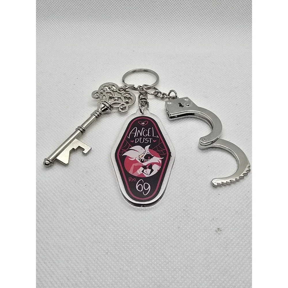 Angel Dust Hazbin Hotel Keychain,  with bottle opener key, and handcuff HANDMADE